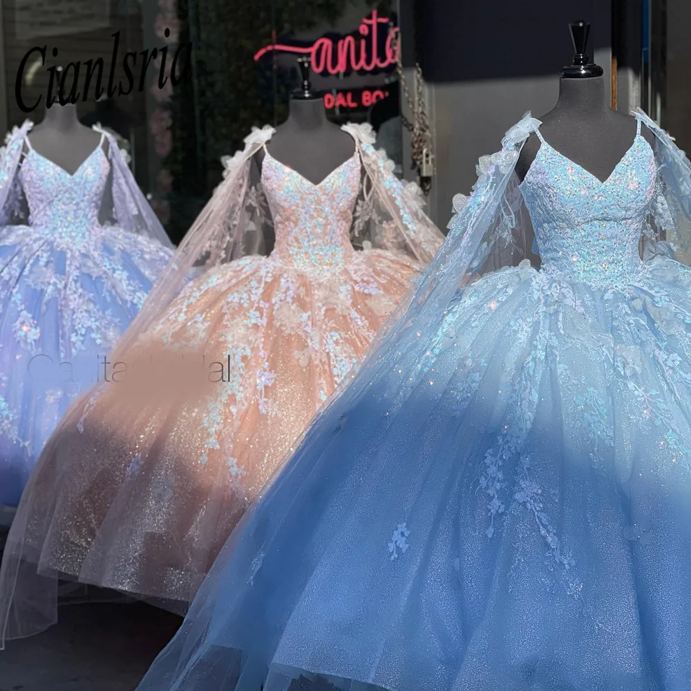 2022 glitter quinceanera vestidos espaguete stra com envoltório doce 15 16 vestidos flores 3d vestidos de quinceañera