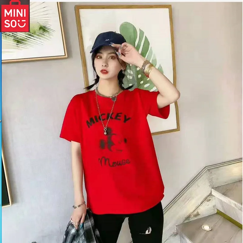 تي شيرت نسائي MINISO Minnie Mouse Silk بسيط وأنيق، قميص أساسي كاجوال، قميص برقبة دائرية، مخطط ألوان كوري #5