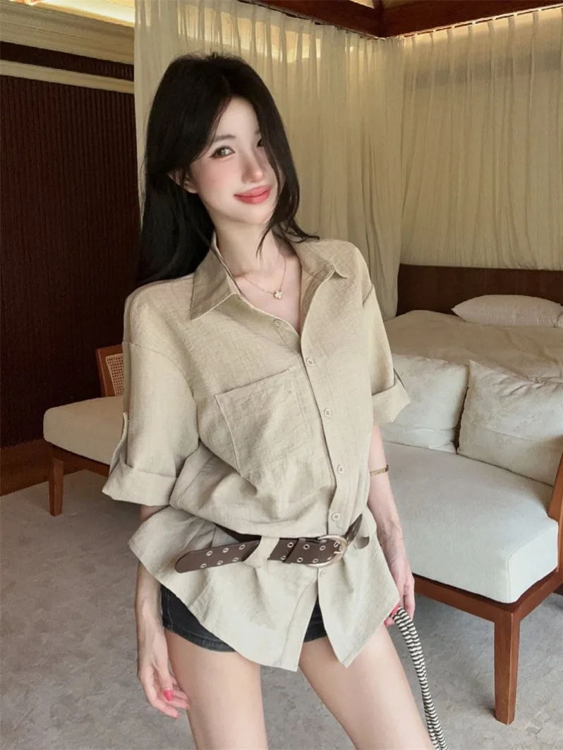 

Spicy Girl Collar Striped Sun Protection Shirt with Belt Women's Summer Commute Single Button Waist Cinching Top
