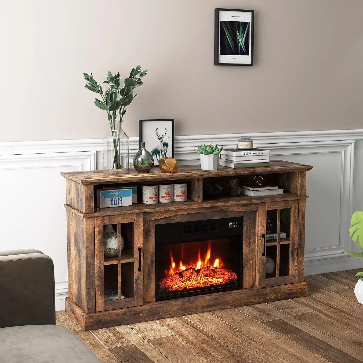 Electric Fireplace TV Stand for TVs Up To 65 Inches 1400W Heater Insert with Remote Control 6H Timer Brown