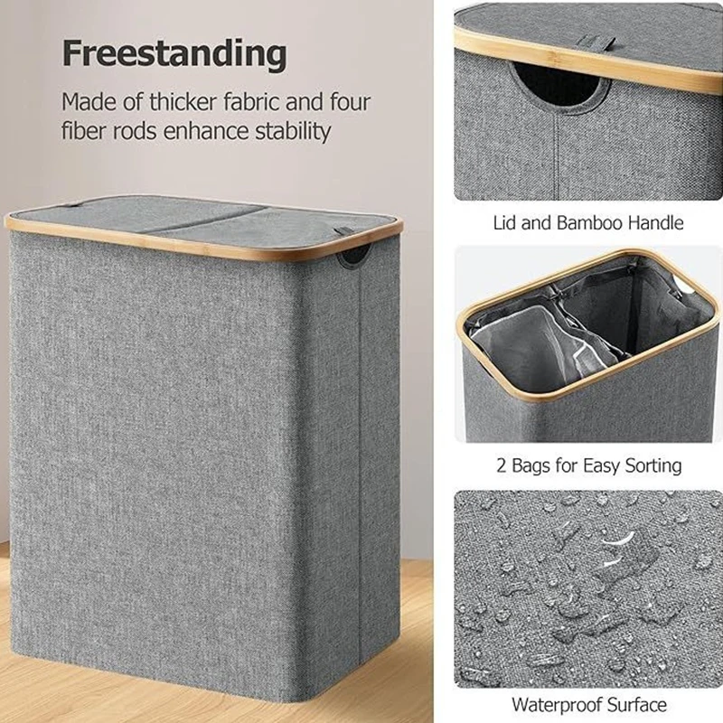 Oxford Foldable Laundry Basket with 2 Inner Removable Bags  Extra Large Laundry Hamper with Lid Dirty Clothes Basket view 3