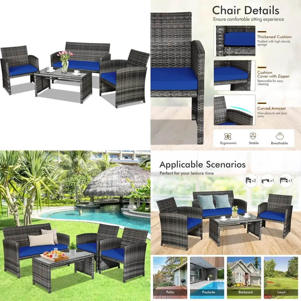 

4-Piece Outdoor Rattan Patio Furniture Set with Cushions and Tempered Glass Top