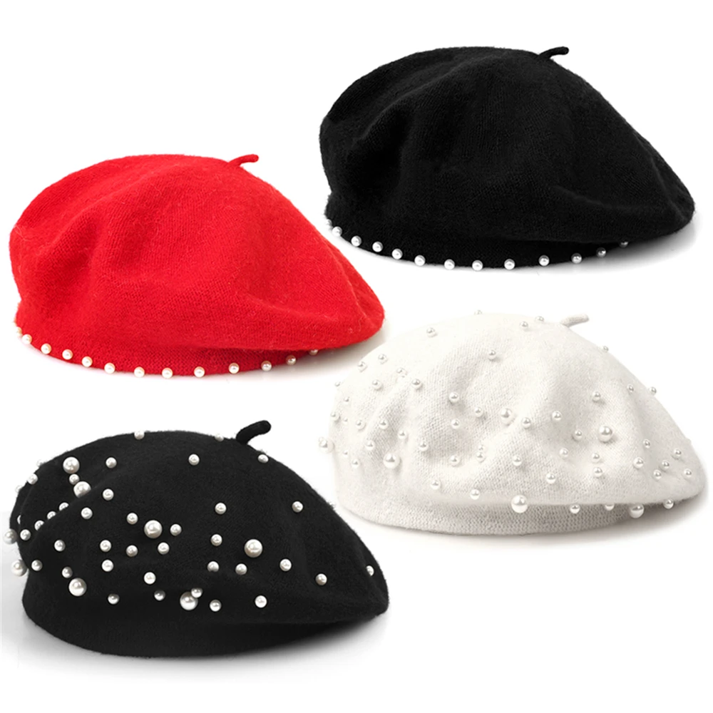 Retro Wool Pearls Beads Berets For Elegant Women Warm Winter Hats Skullies Beanies Vintage Cashmere Female Flat Hats Solid Caps