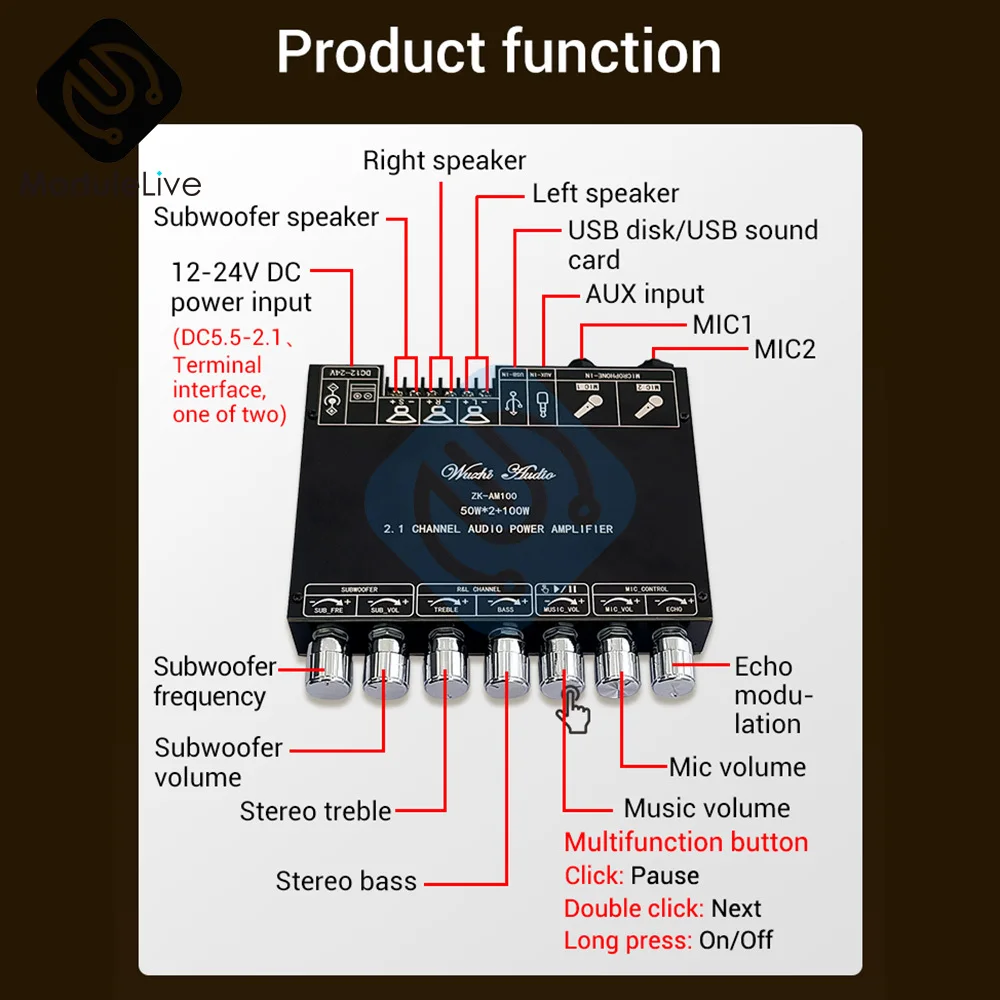 ZK-AM100 Blue-tooth Amplifier Board HiFi Stereo 2.1 TPA3116D2 2X50W+100W Audio Power Amplifier Module