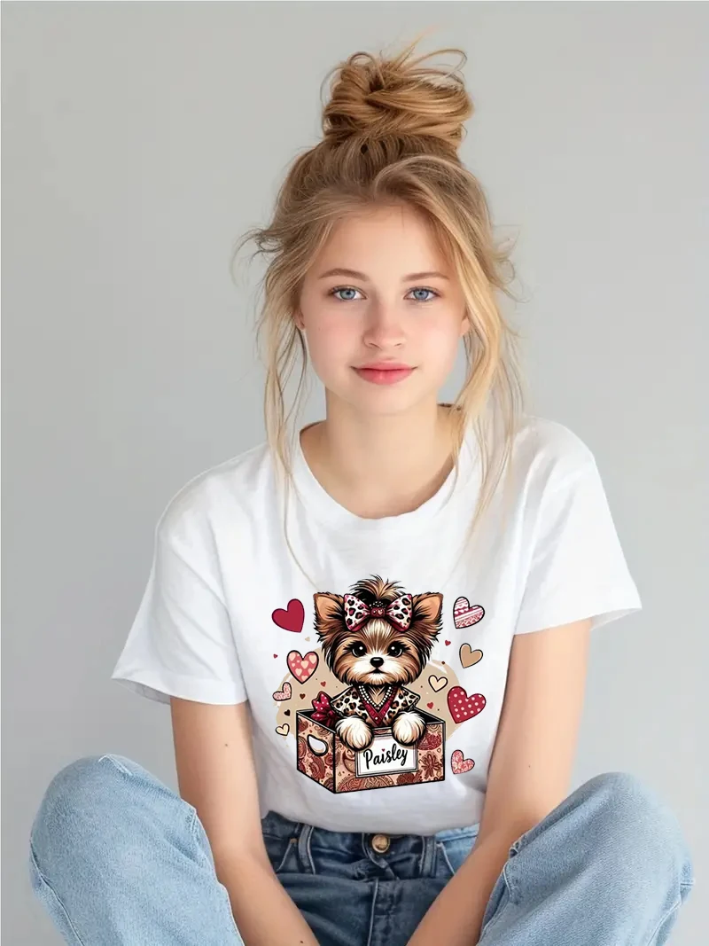 Comfy Cotton, Girls creativity  Adorable cartoon Puppy Print Crew Neck Short Sleeve T-shirts Summer Trendy Versatile  Tops