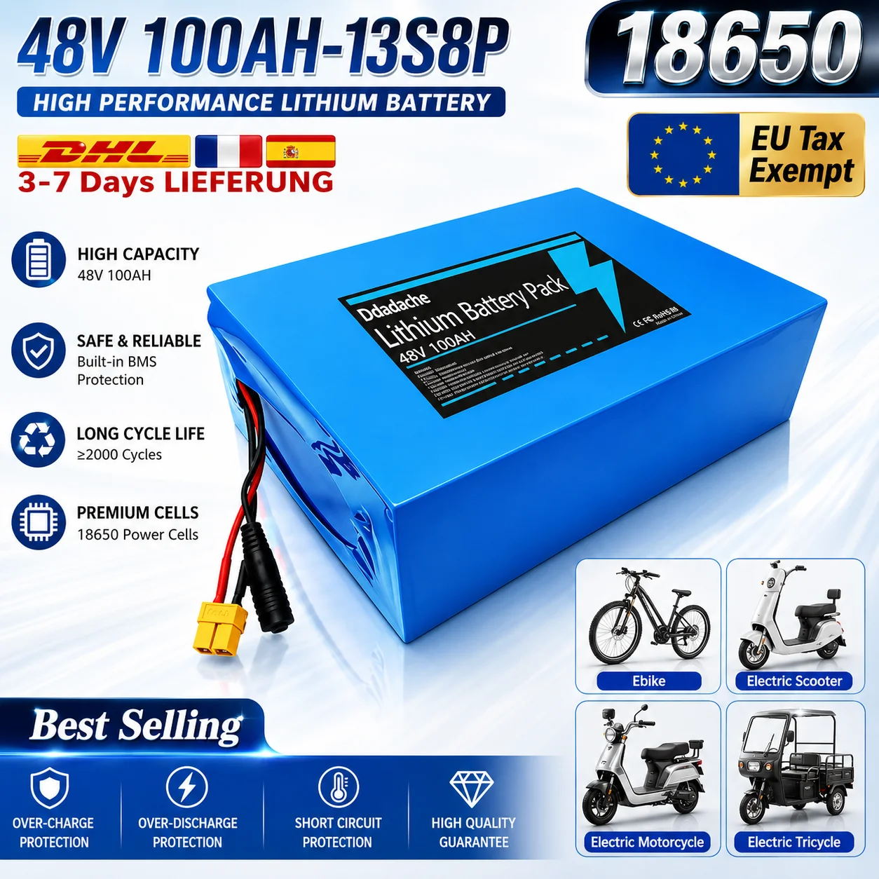 Image of Leistungsstarker Akku 48V 100Ah 13s8p Lithium-Akkupack 48V 10000mAh 2000W Motorroller-Batterien mit integriertem 50A BMS