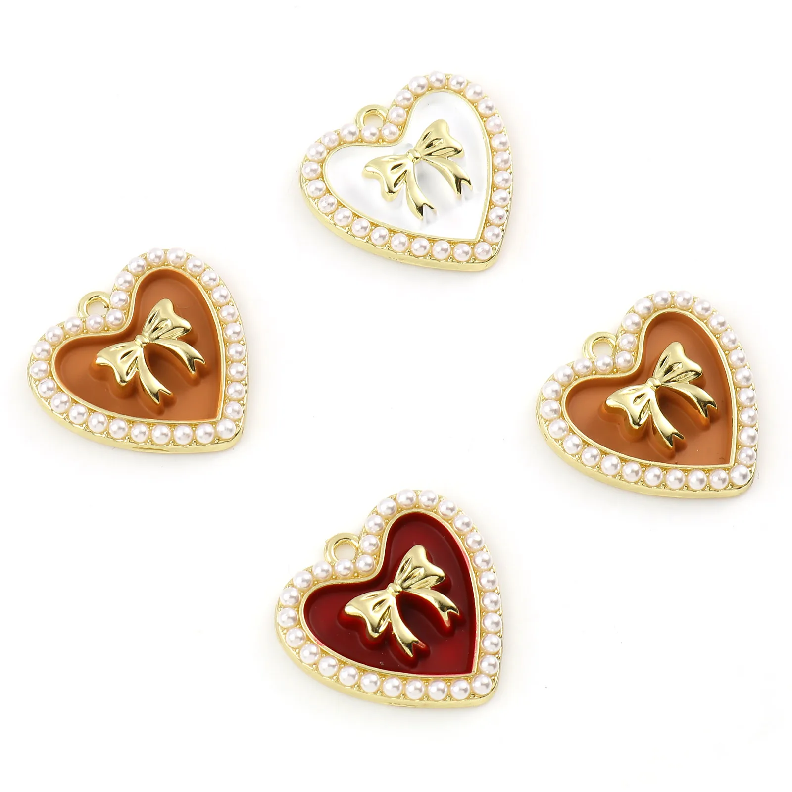 Enamel Heart Charms Gold Color Metal Multicolor Bowknot Pearl Pendants DIY Making Necklace Jewelry Findings 21mmx21mm,5 PCs