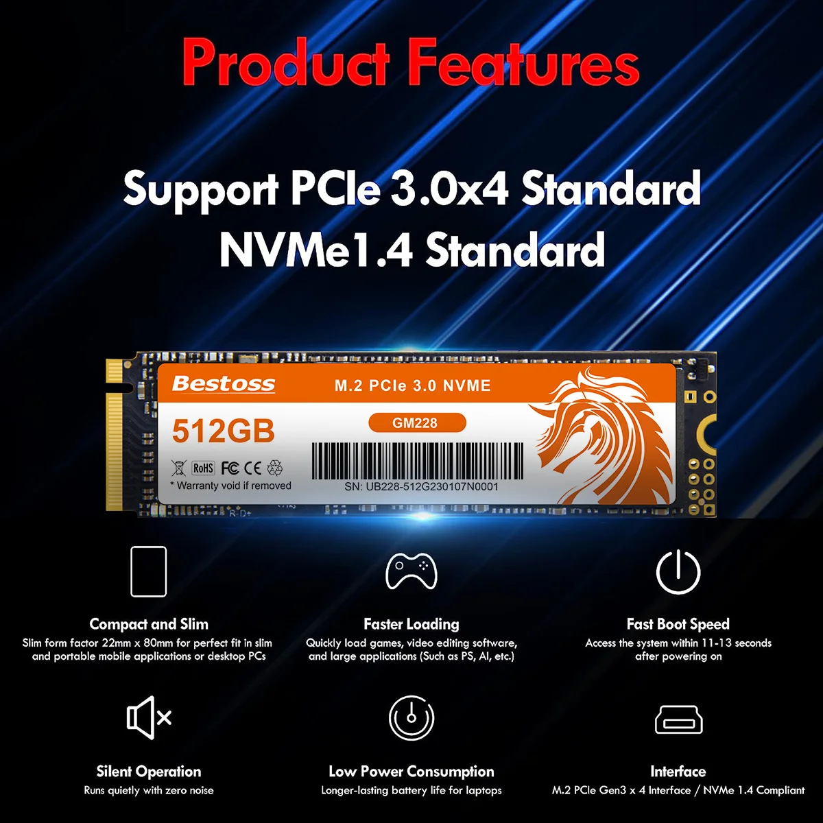 Bestoss NVMe M.2 2280 PCIe 3.0 SSD 128GB/256GB/512GB/1TB TLC