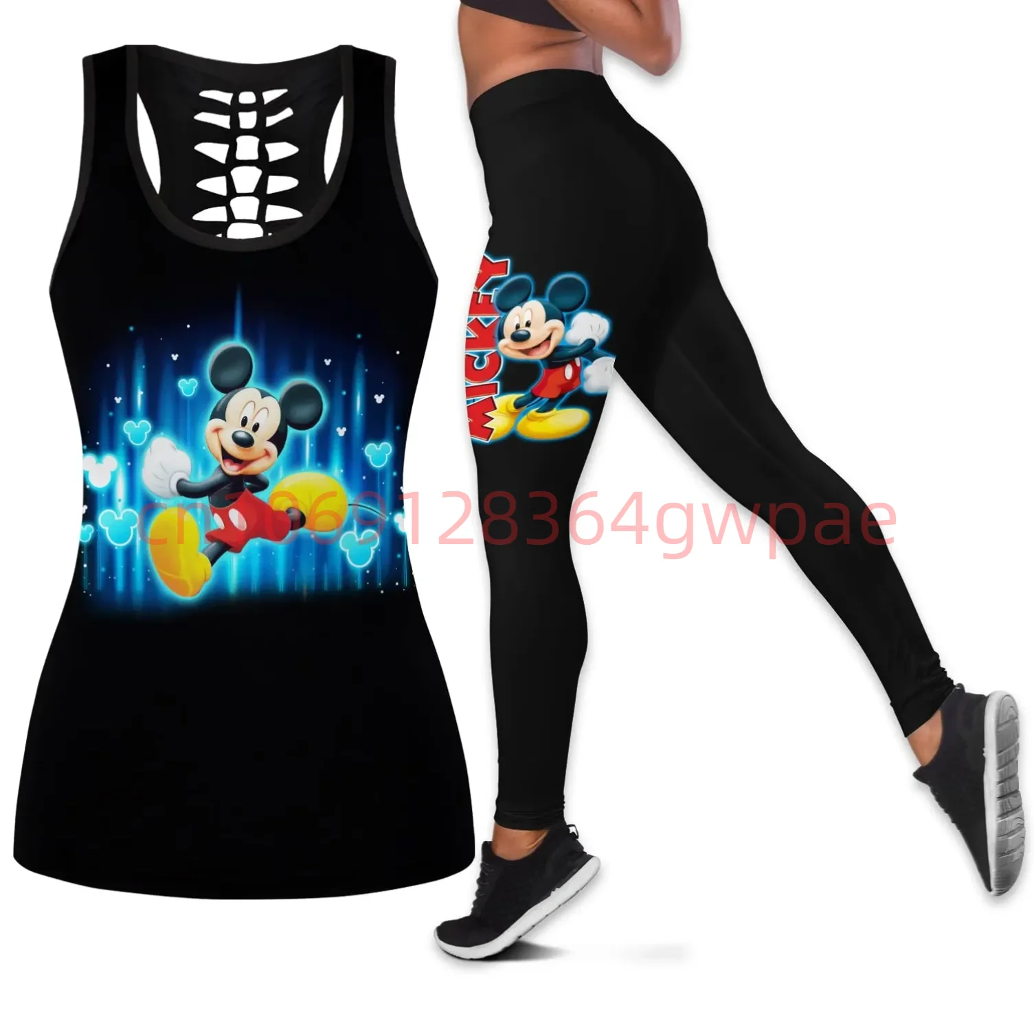 Mickey Mouse Women\'s Cutout Tank Top Leggings Yoga Set Summer Fitness Leggings Tracksuit Disney Hollow Tank Top Leggings Set