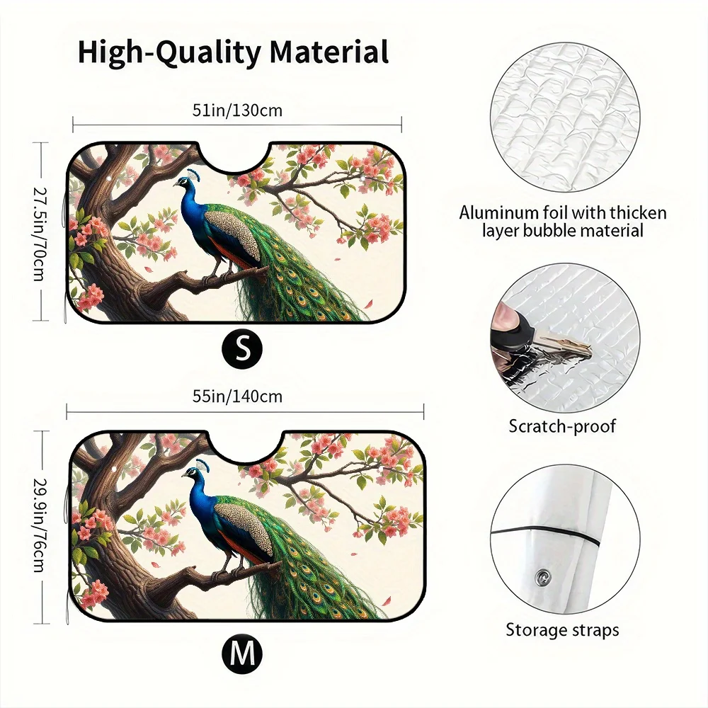 1pc Peacock & Cherry Blossom Floral Vintage Car Sunshade - Folding Windshield Visor With Peacock Perched On Branch Design, Compa