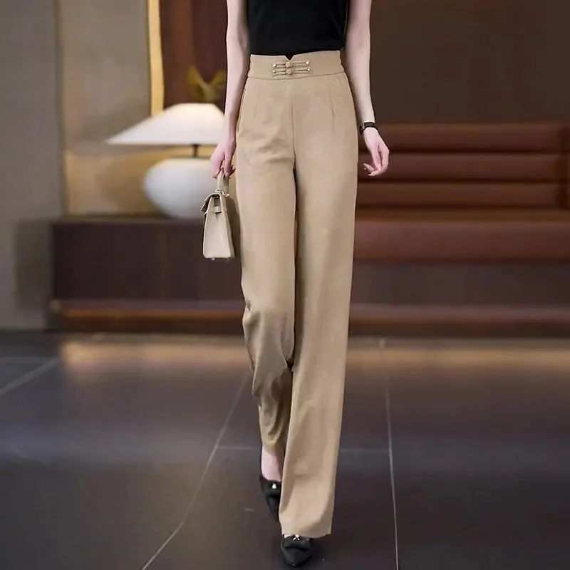 الرجعية السيدات واسعة الساق السراويل 2025 فام حجم كبير 4XL عالية الخصر السراويل الخريف النساء نسخة ضيقة بنطلونات مستقيمة غير رسمية