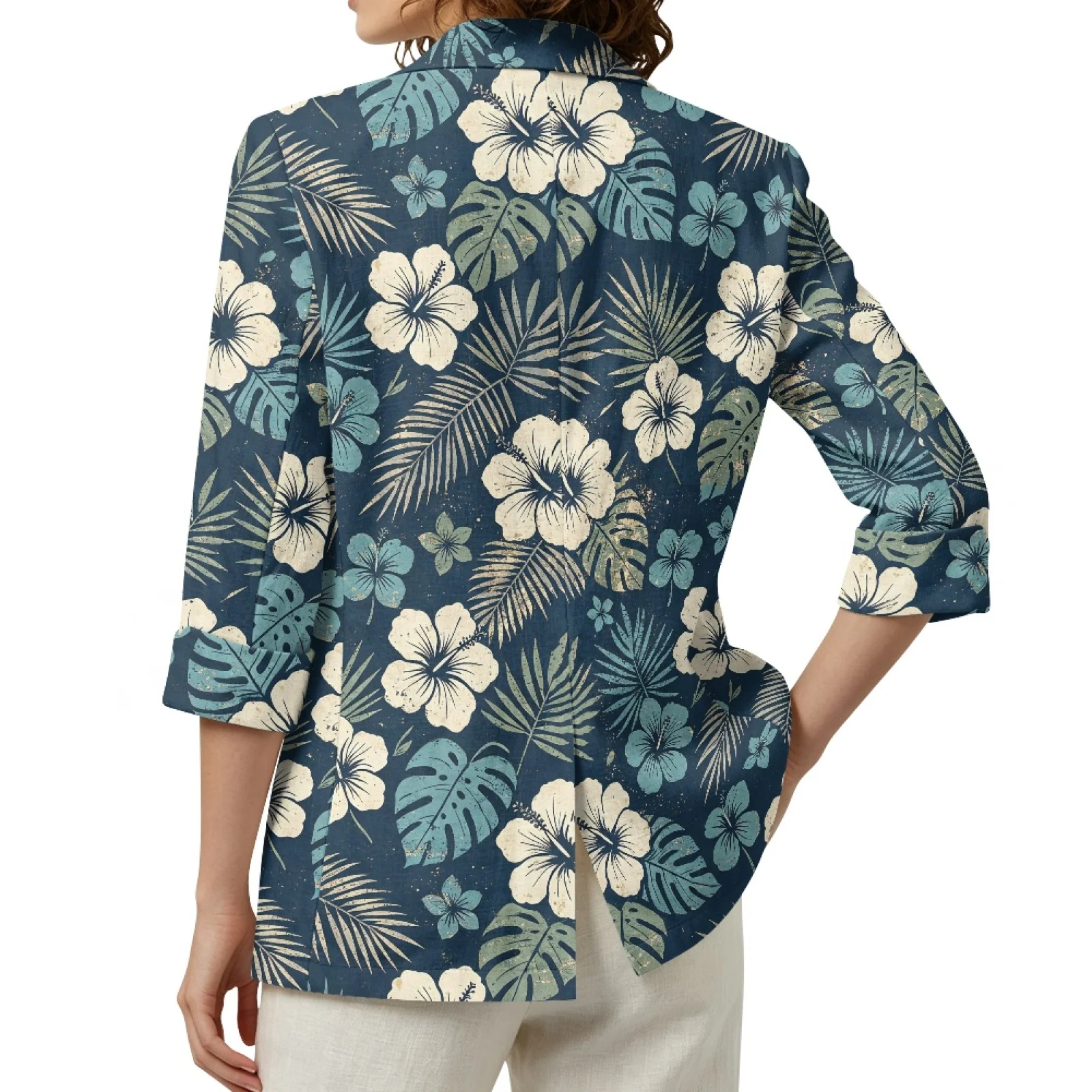 PENSTROLL Lightweight Linen Like Thin Coat 3/4 Sleeve Cardigan Jackets for Resort Wear Tropical Hibiscus
