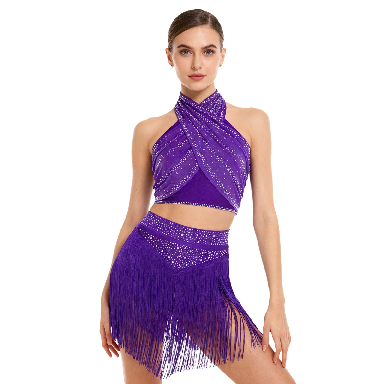 Womens Chacha Salsa Latin Dance Outfit Halter Sleeveless Backless Crop Top+Tassels Skirt for Ballroom Jazz Belly Dance Costume
