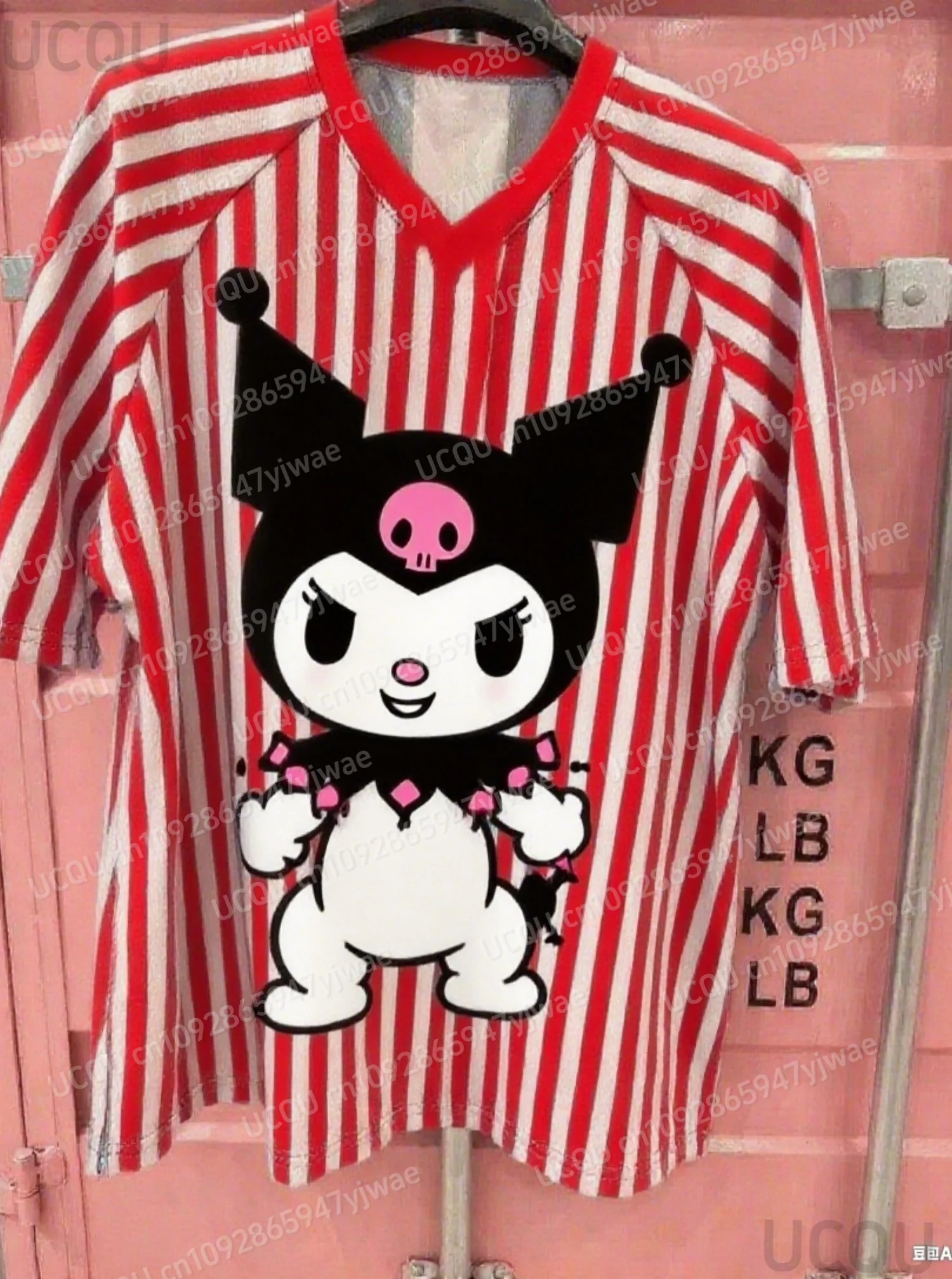 

Women Cute cartoon Kuromi Print V-Neck Short Sleeve T-Shirt Summer Tee Baseball Jerseys Stripe Oversized Sport T-Shirt