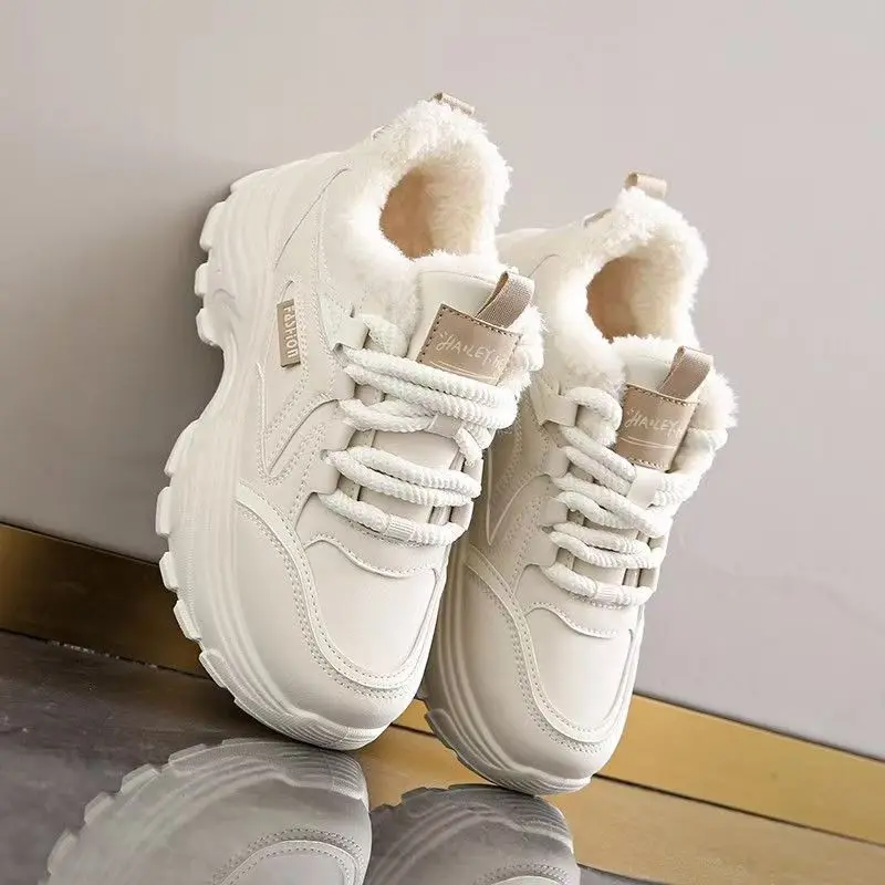 Fleece-Gefütterte Damen-Winterstiefel mit Dicker Sohle Erhöhte Casual Dad Schuhe Trendige Weiße Sport-Freizeitschuhe aus Baumwolle – Detail 2