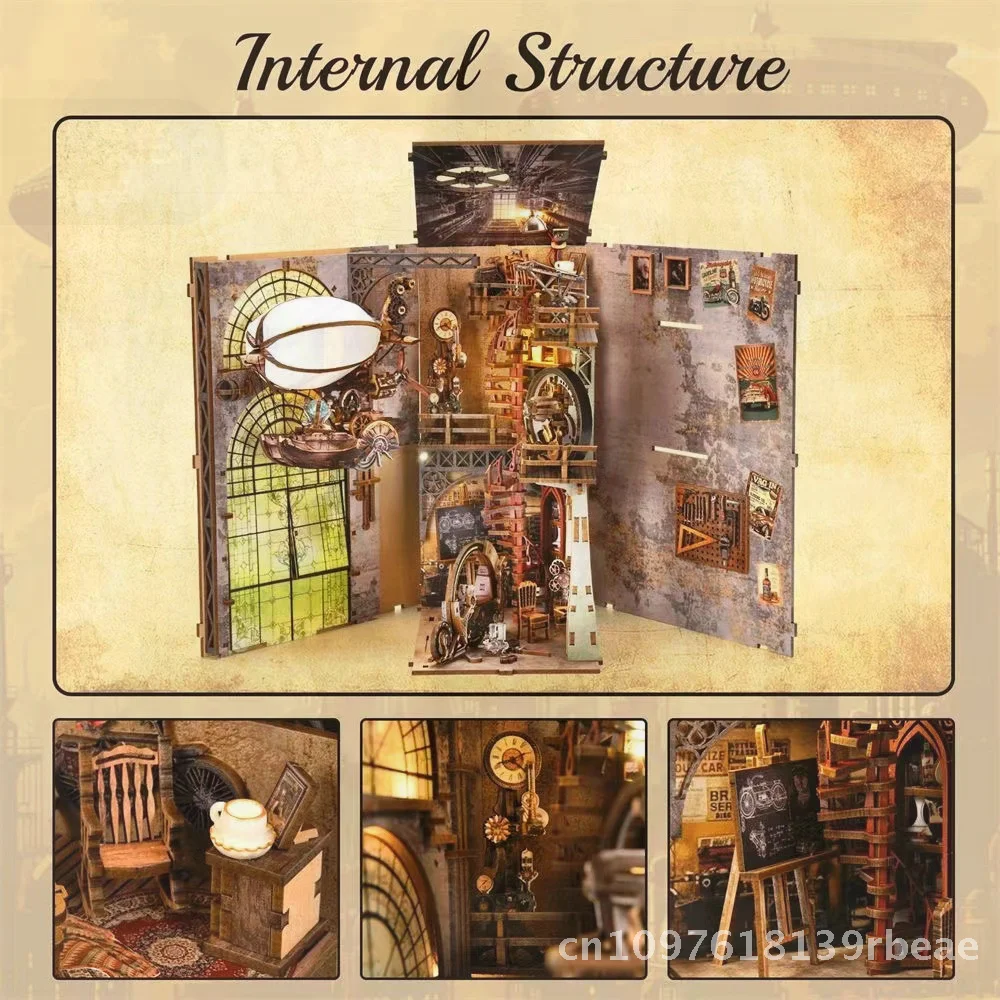 

DIY Wooden Balloon Spaceship Model Kit Retro Magic Book Stand Handmade Assembled Building Blocks Toy Gift for Mental