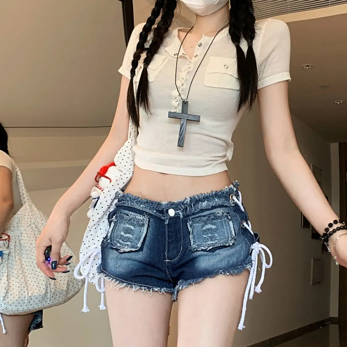 

Сексуальные джинсовые шорты Y2k Burrs, треугольные летние джинсовые шорты Spice Girls на шнуровке, супер шорты с низкой талией, тонкие шорты