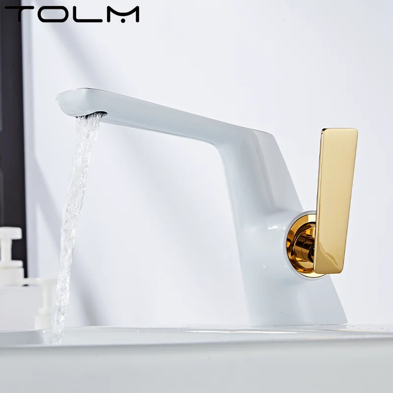 TOLM Chrome Bathroom Deck Mounted Waterfall Basin Faucet Hot Cold Water Sink Mixer Taps Black gold Lavatory Single Hole Crane