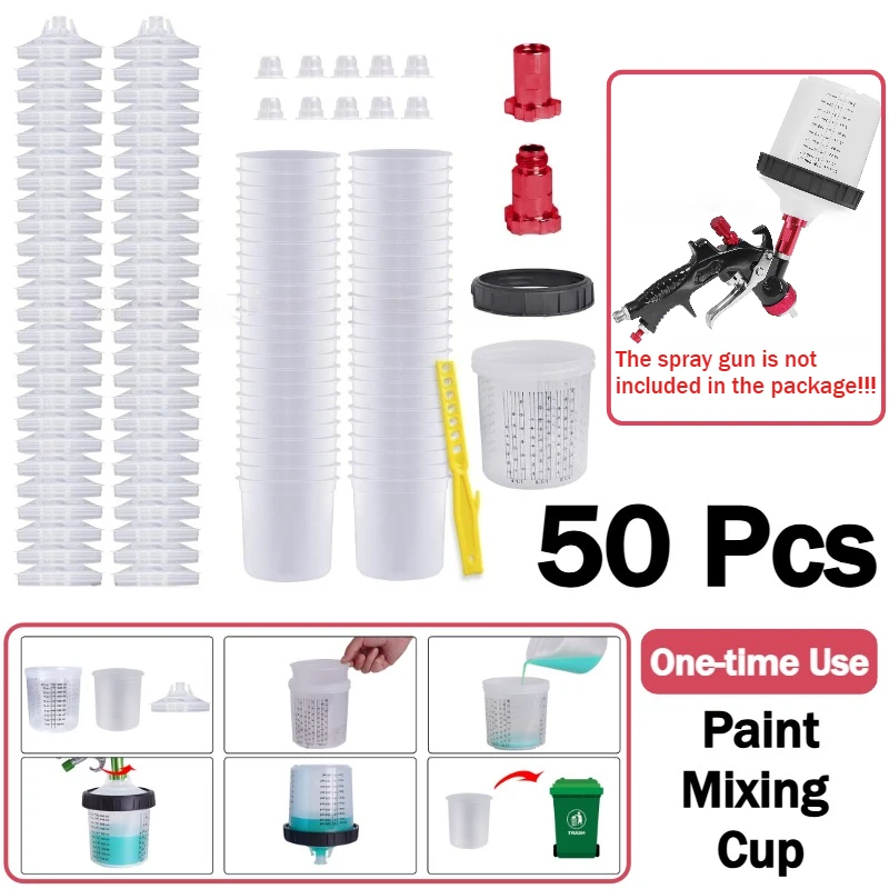 50Pcs 20 Ounce (600ml) Disposable Paint Mixing Cup Kit 2 Plugs and 1 Hard Cup with Retainer Ring 1 Cup Adapter Paint Stirrer
