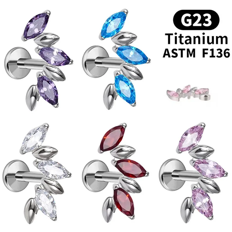 F136 Titanium Alloy Lip Stud Earrings Three Horse Eye Zircon Curved Super Flash Earrings Fashion Piercing Jewelry Wholesale