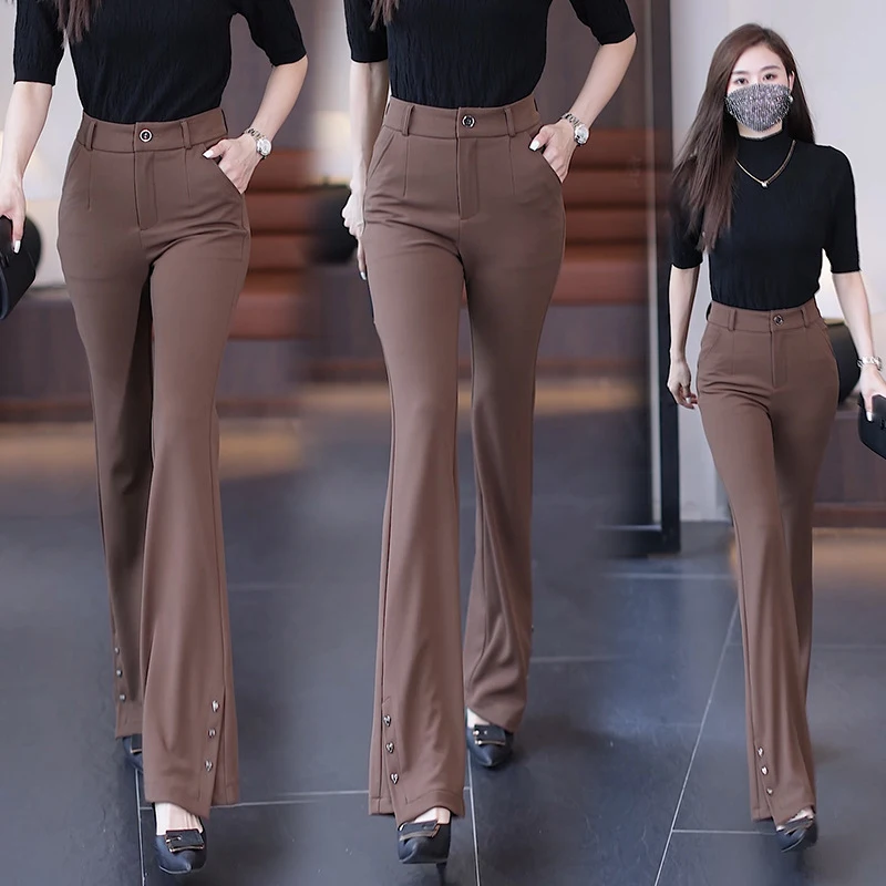 

Women's fall split-flare pants2023New model casual women's pants in coffee color, spring and autumn flared trousers1688