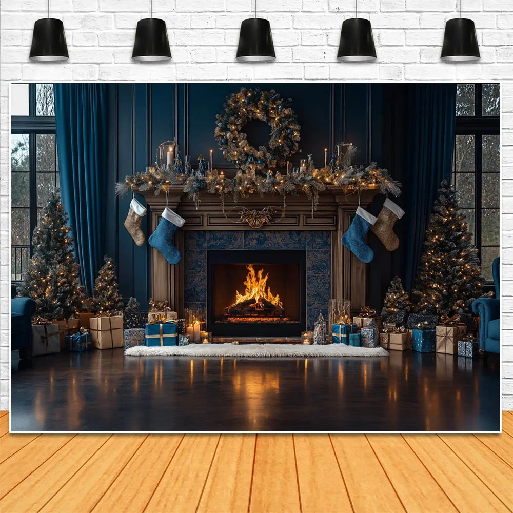 Mocsicka Christmas Family Portrait Photo Background Vintage Blue Wall Curtain Fireplace Xmas Tree Gifts Backdrop for Photography