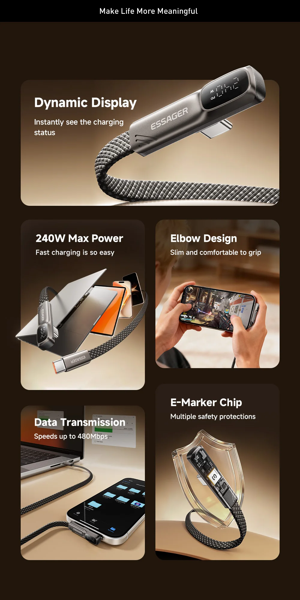 Essager Elbow 240W USB-C-Kabel, PD-Schnellladekabel für iPhone 17/16/15 Pro, iPad, MacBook Pro, Xiaomi, Samsung, Huawei. – Detail 2