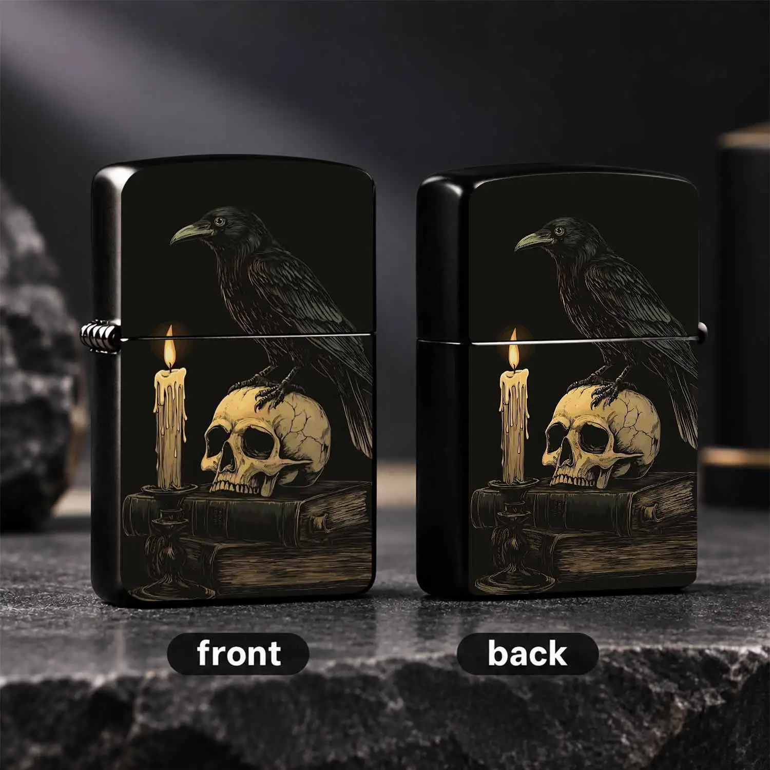 Vintage Dark Raven Skull Pattern Pocket Lighter, Gothic Aesthetic Decorative Item For Daily Carrying, Themed Scene Layout, Personal Collectible Gift For Various Occasions, Unique Stylish Portable Utility With Retro Art Vibe A Humorous And I