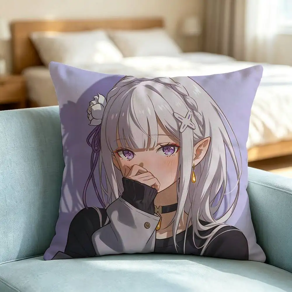 Anime R-Re Zero E-Emilia Pillow Case Square Double-Sided Sofa Cushion Cover Bedroom Bedside Pillow Gift