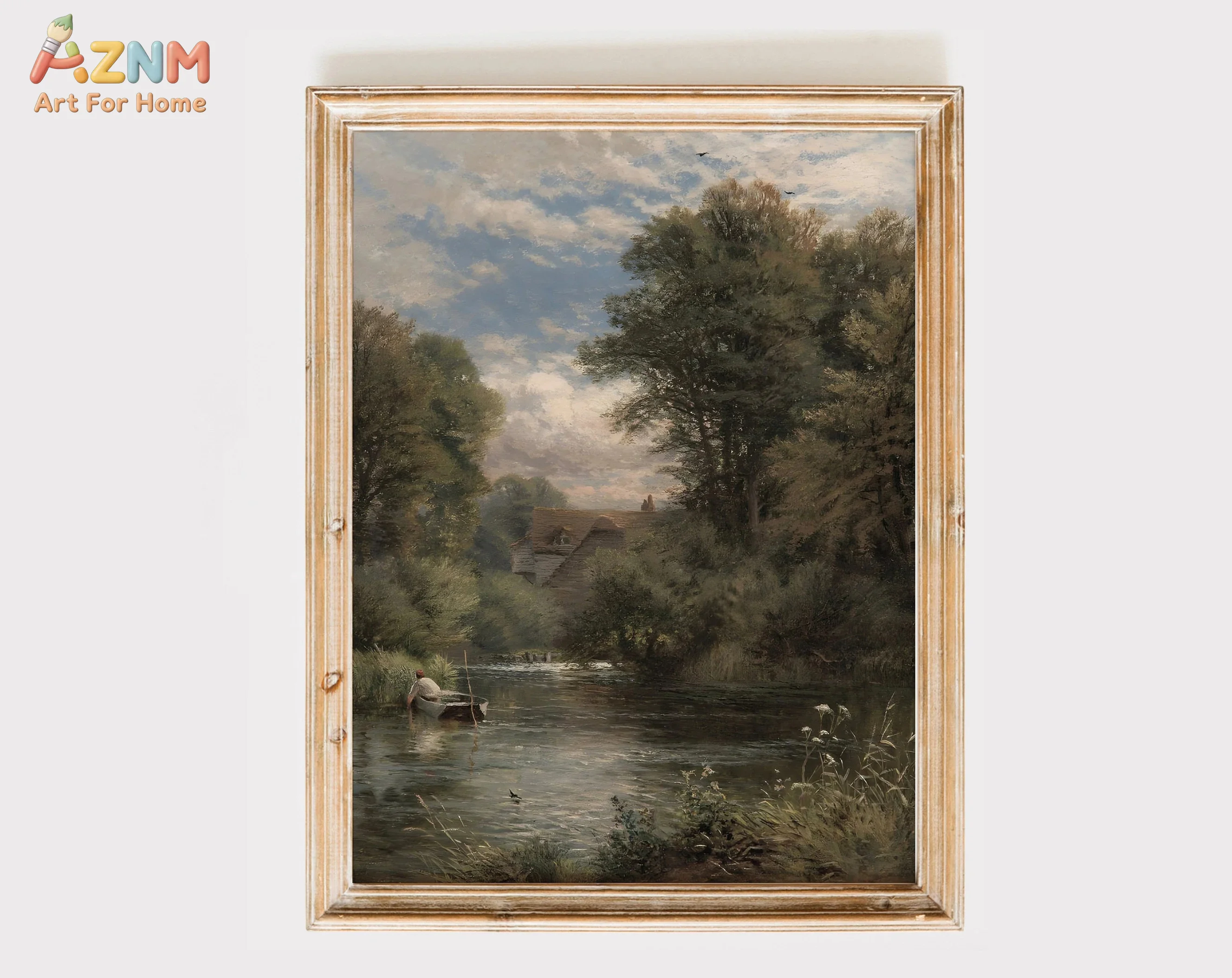 AZNM Vintage Country Landscape Canvas Wall Art Forest River Wildflower Scenery Oil Painting Style Unframed Print For Cottage Far