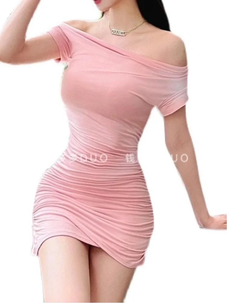 Süße heiße sexy ol elegante T-Shirt Mini kleid rosa Mode koreanische Frauen Tops Sommer unregelmäßige dünne Mädchen weiblich m871