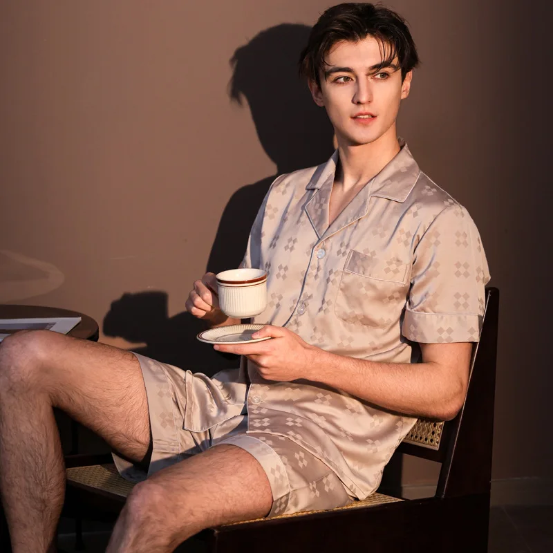 Men's Jacquard Satin Pajamas 2PCS Set Male Sleepwear Trouser Suits Homewear Spring Summer New Pyjama Loungewear Loose Pijama