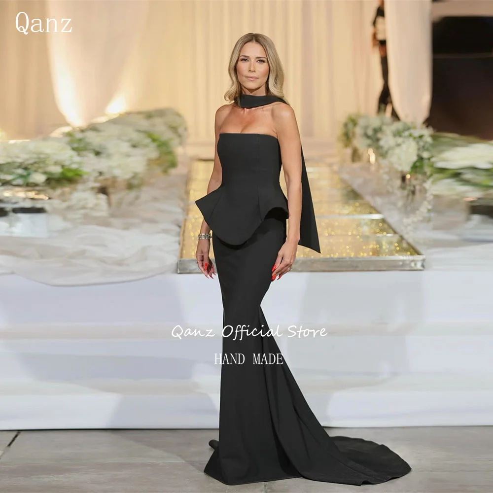 Qanz Foraml Black Satin Prom Dress 2-piece Set Mernaid Evening Dress Women Strapless Lace Up Robe De Soirée Femme Customized
