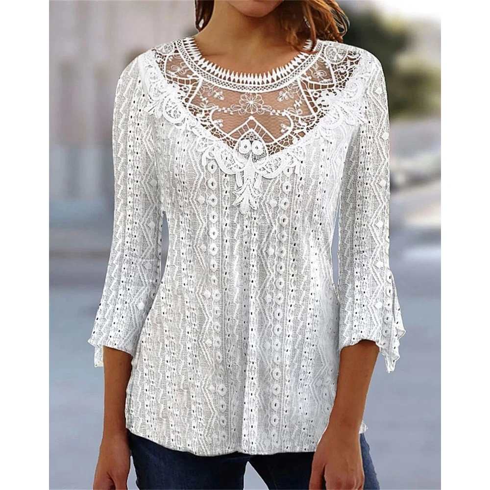 Women Long Sleeve Sheer Mesh Hollow Out Contrast Lace Casual Blouse Top Lady Elegant Spring Shirts Outfits Korean Style