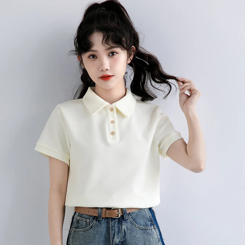 Apricot lapel T-shirt women's summer solid color simple versatile polo shirt