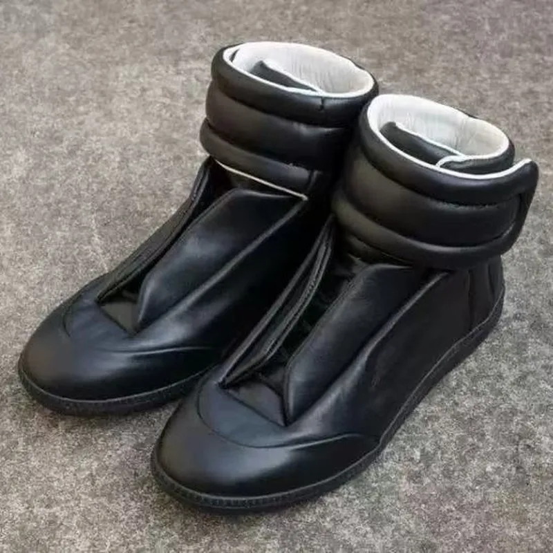 Men High Top Casual Shoes Premium Leather Trainers Sneakers Hook Loop Outdoor Ankle Boots Comfortable Mens Flat Walking Footwear
