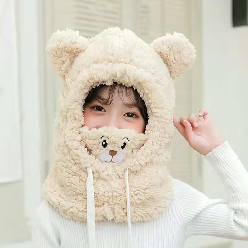 Children\'s Bear Hat Winter Warm Windproof Ear Protection Hat Mask Neck Scarf Male and Female Baby Plush Hat Parent-child