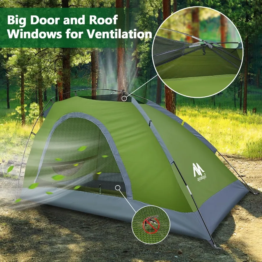 バックパッキング用1人用テント 軽量一人用ハイキングテント 天窓付き 防水レイヤー 地面通気孔 簡単設営 1M
