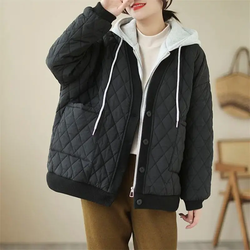 Outerwear 2024 Autumn/Winter New Fake Two Piece Hooded Single Breasted Cotton Jacket For Women Oversized Loose Coat Z4935