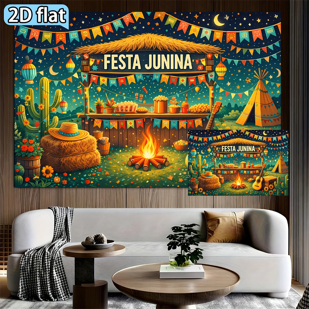 Festa Junina Bonfire Cactus Guitar Food Stall Night 2D Flat Tapestry Backdrop For Brazilian Festival Decor Party Wall HangingArt