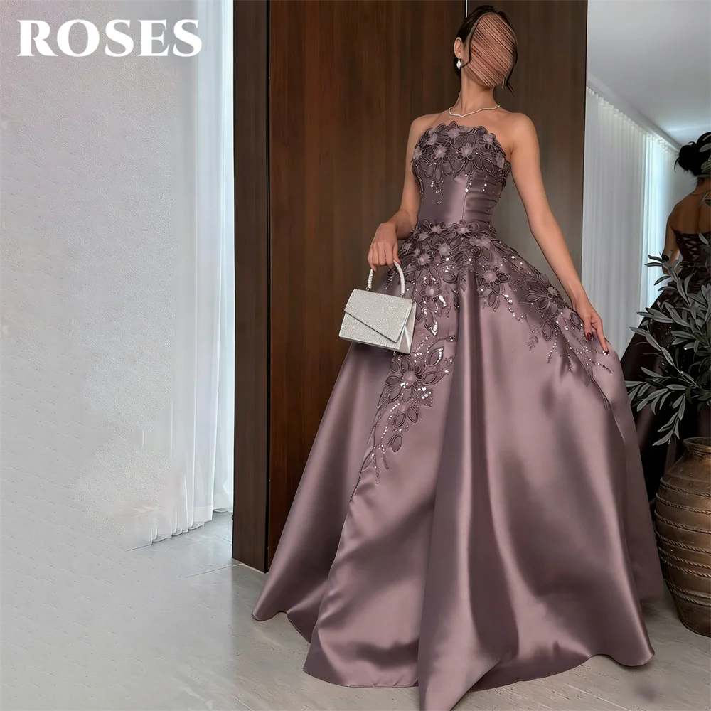 

ROSES Dusty Purple Vintage Party Dress with 3D Floral Embroidery Evening Dress A Line Party Gown Prom Gown for Women Customized