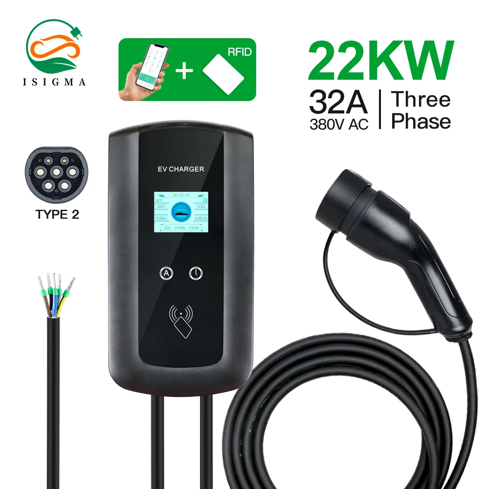 

Isigma 32A 3phase 22kw APP WIFI Wallbox Electric Vehicle Charging Station Type 2 Cable IEC 62196-2 GBT With RFID Cards 380V~450V