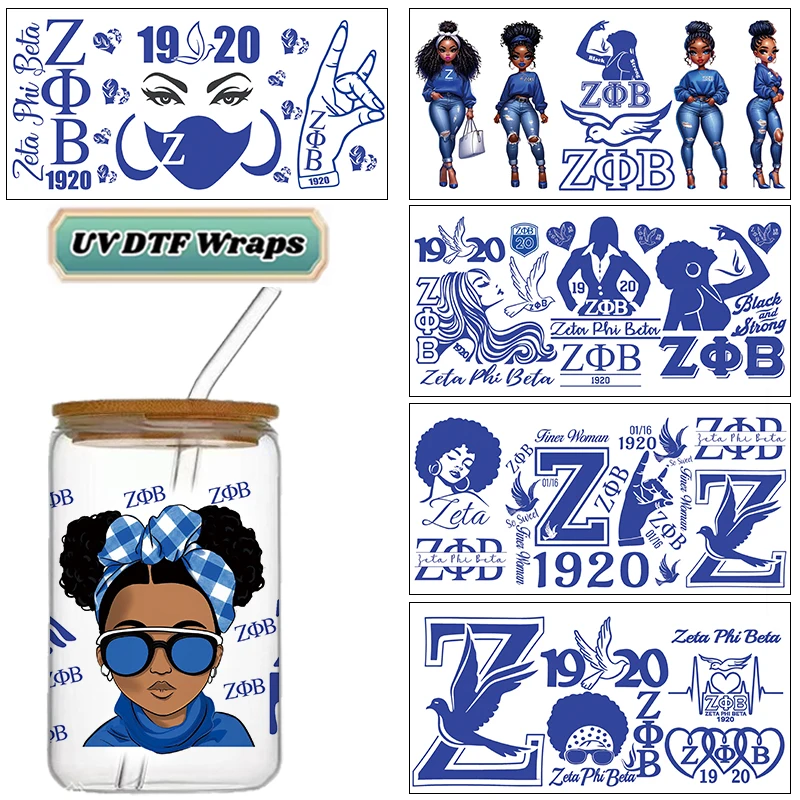 Vinilo Adhesivo para Tazas Libbey UV DTF de 16oz con Diseño de la Hermandad Griega Zeta Phi Beta, Personalizado, Duradero, Resistente al Agua, para Tazas y Mugs