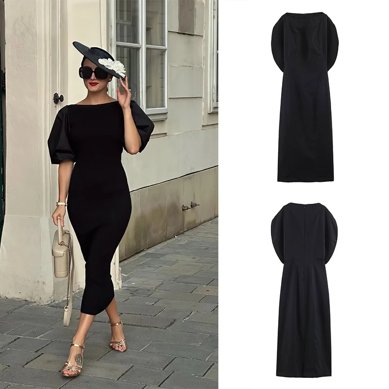 Guobioziy Women's Midi Dress 2026 Summer Collection Black Zipper Design European and American Casual Daily Fashion British Style