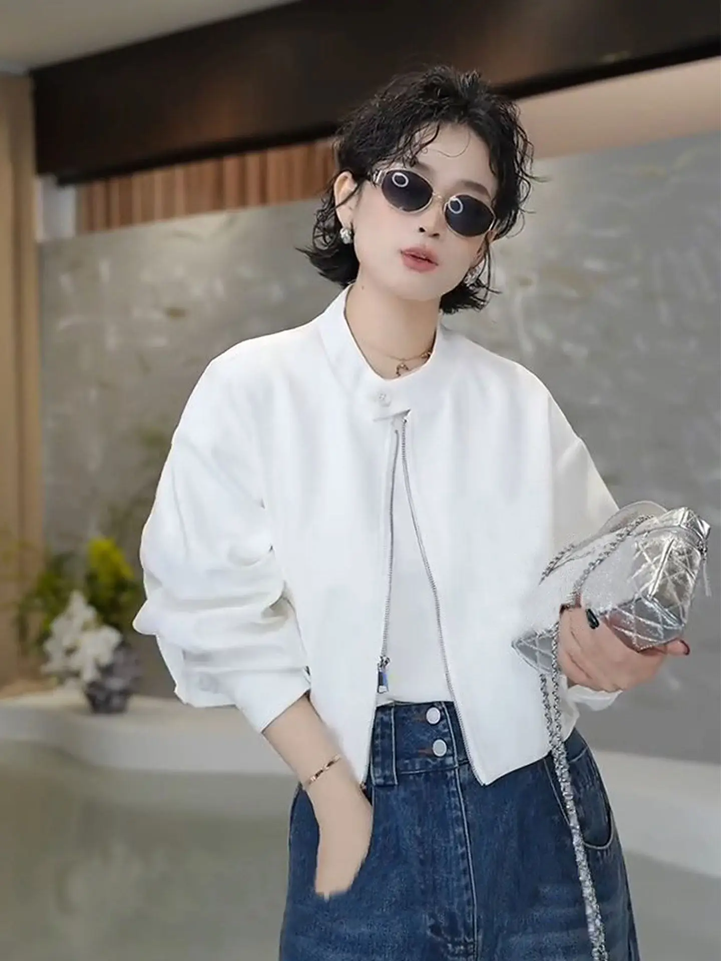 Retro Black Short Baseball Jacket Women's Casual Chic Spring Autumn New Style Loose Fit Zipper Closure Long Sleeve Coat