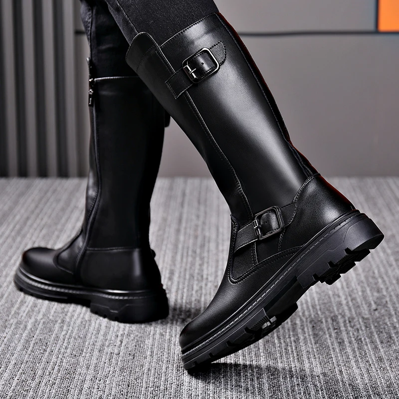 Extra Long And Elevated Men's Leather Riding Motorcycle Rider Zipper  Boots High Barrel High Top Plush Warm Shoes For Men