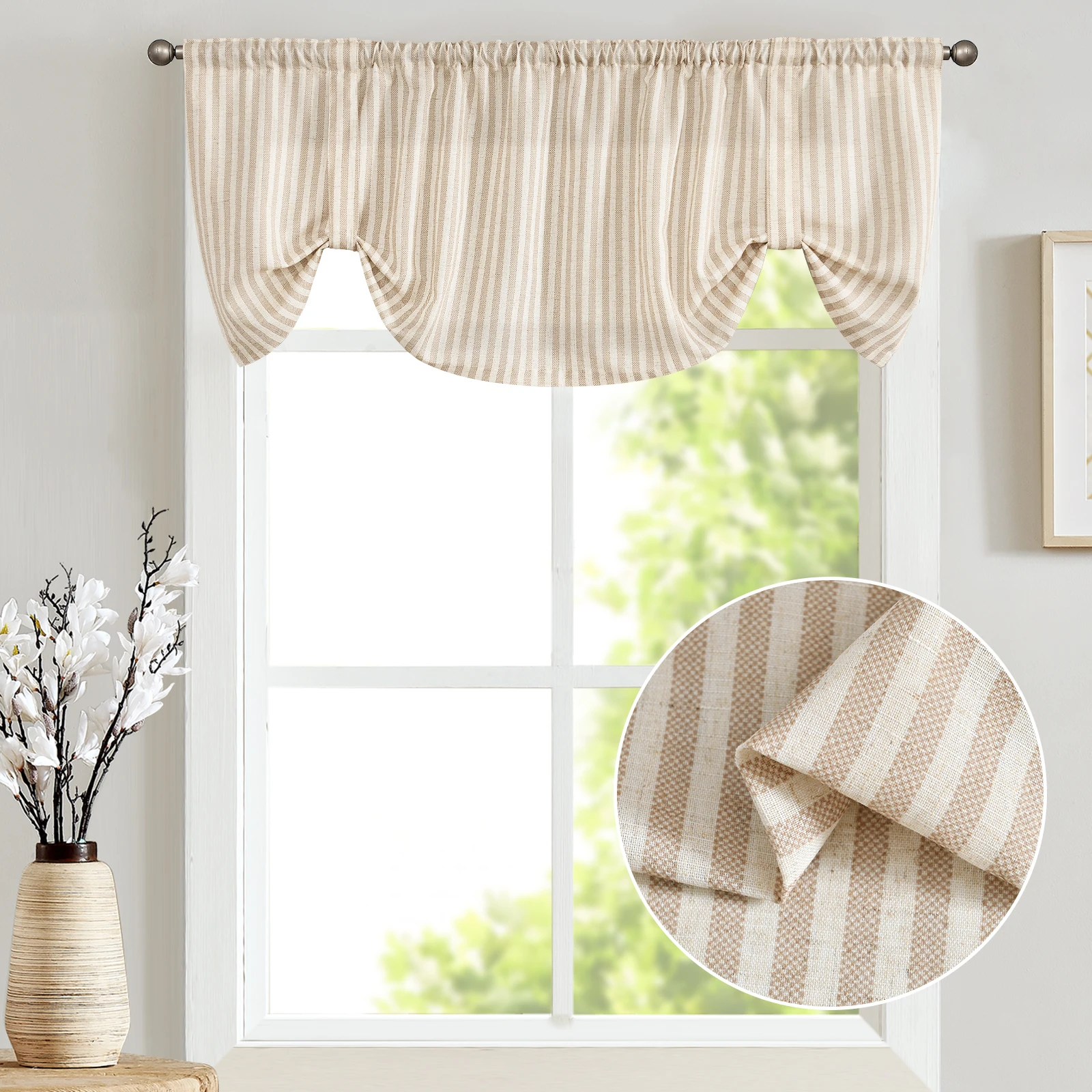 JINCHAN 50*18 Tie Up Valance Linen Textured Bow Tie Curtain Kitchen Bathroom Rod Pocket Valance Ticking Stripe Pull Cord Valance