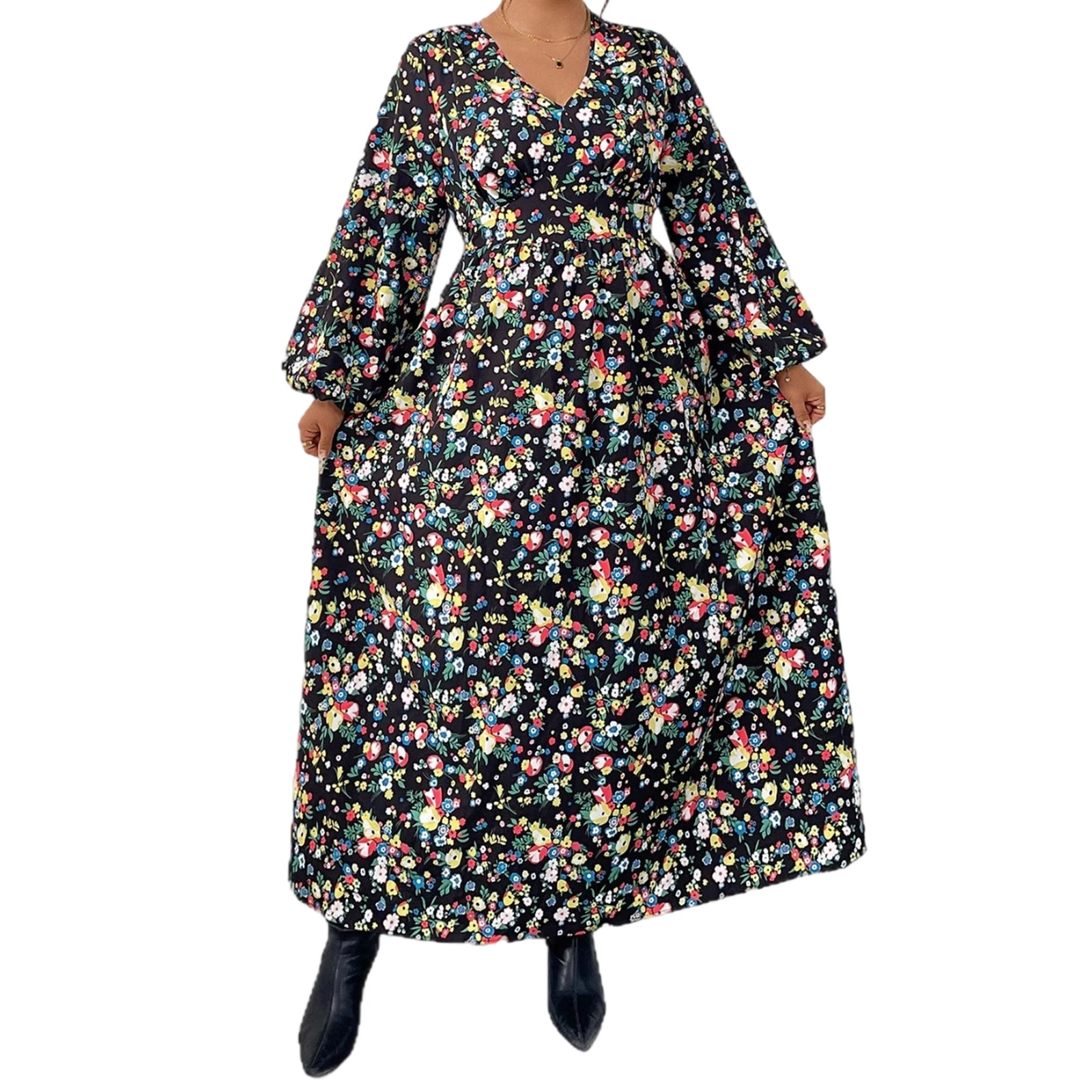 

Женское длинное платье с длинным рукавом, свободное повседневное платье с v-образным вырезом и цветочным принтом для повседневной вечеринки