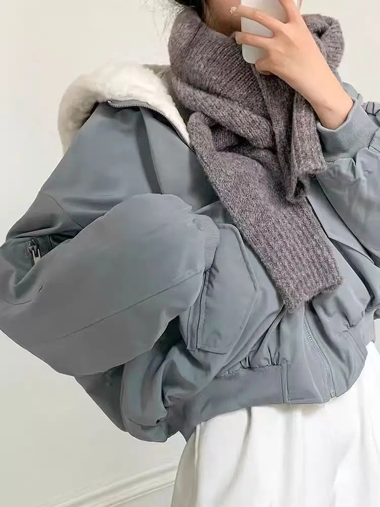 

Корейское двустороннее двустороннее утолщенное теплое пальто ягненка, женская мода, винтажная уличная одежда в стиле панк, свободные повседневные куртки на молнии