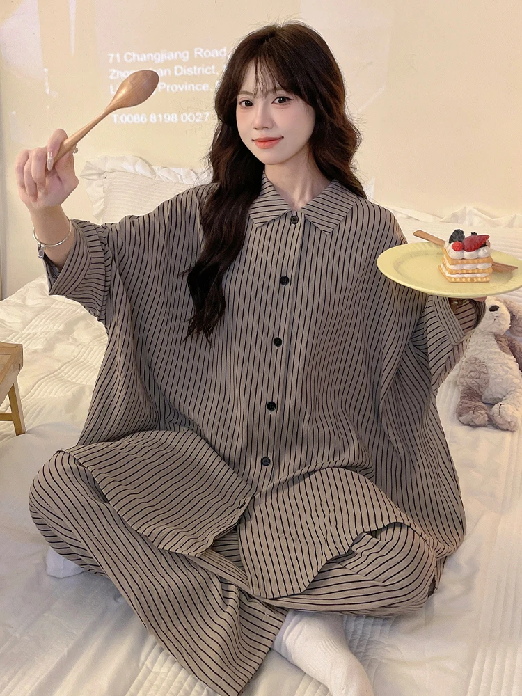 DAIMELU spring and autumn pajamas set women nightgown long-sleeved striped cloud cotton high-end sleepwear lady loungewear suit